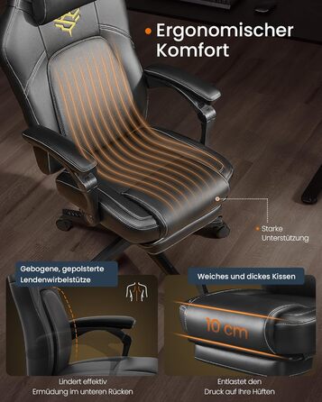 Ігрове крісло SONGMICS HOME, ергономічне, з підставкою для ніг, комп'ютерне крісло, офісне, PU-шкіра, регульована висота, чорне, з підголівником