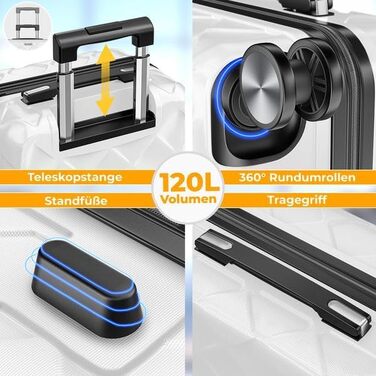 Валіза для подорожей KESSER 120Л, пластиковий корпус ABS, колір Snow White, 75 см, з кодовим замком, вагами та дорожнім гаманцем, 360° колеса, телескопічна ручка