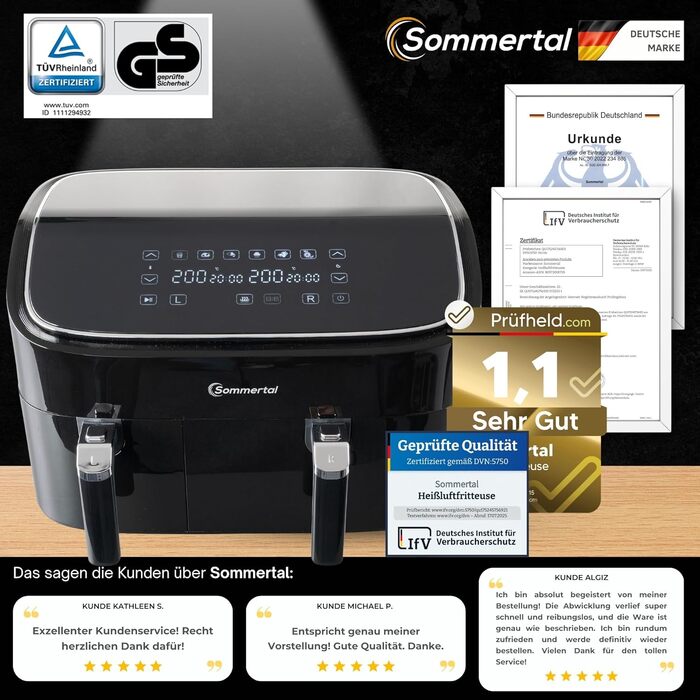 Аерофритюрниця з подвійною камерою Sommertal HF DUAL 900, 9 л, 2850 Вт, з функцією сушіння, сенсорним дисплеєм та 6 програмами, BPA-free