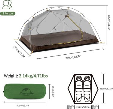 Намет Naturehike Mongar 2 для кемпінгу, ультралегкий, двомісний, 4-сезонний, 210T нейлон PU3000мм, для туризму, велопоходів, трекінгу та альпінізму