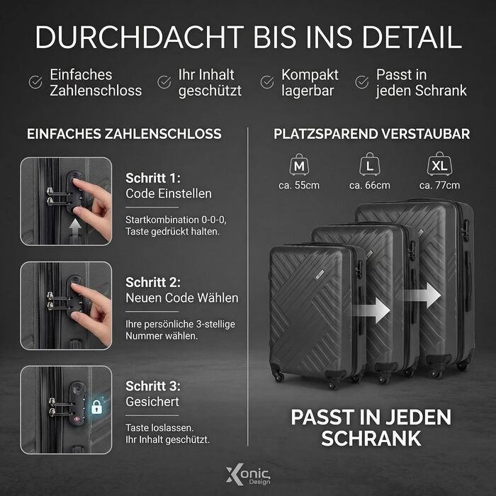 Валіза Xonic Design ABS пластик, жорсткий корпус, коліщатка 360°, кодовий замок, біла, розмір L