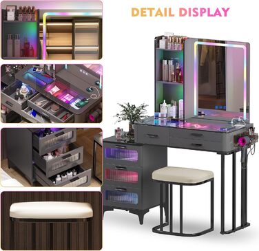 Туалетний столик з підсвіткою RGB, LED дзеркалом, табуретом, 6 шухлядами, скляною стільницею, тримачем для фену, USB Type-C, чорний