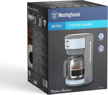 Кавоварка Westinghouse у ретро-стилі, фільтраційна, 10 чашок, постійний фільтр, скляний глечик, система захисту від капання, функція підігріву, індикатор заварювання, автовимкнення, блакитна
