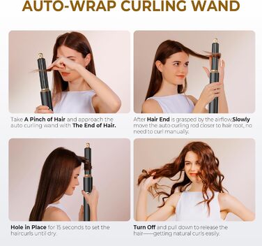 UKLISS Airstyler 5-в-1: Фен-щітка, стайлер для волосся з іонізацією, плойка, насадки для укладання (Чорний/Золотий)