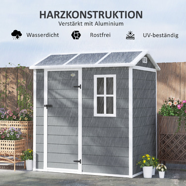Садовий сарай Outsunny Пластиковий 2,1 м² 186 x 130 x 199 см Садовий сарай з двосхилим дахом Вікно Вікно, що замикається Погодостійкий садовий сарай Відкритий садовий сарай для заднього двору сірий