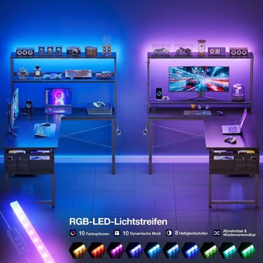 Ігровий кутовий стіл ODK Gaming з LED-підсвіткою, полицею-дисплеєм та розеткою, 110×80 см, чорний — ергономічний комп'ютерний стіл з органайзером