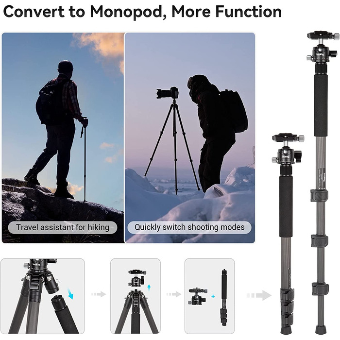 SMALLRIG Легкий компактний штатив з вуглецевого волокна з моноподом, 360° кульова голівка, швидкознімна платформа, навантаження до 12 кг – 4060