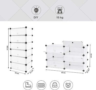 SONGMICS модульний стелаж для взуття з пластику та металу, 12 секцій, 83 x 31 x 105 см, чорний, органайзер для зберігання взуття, шафа для одягу