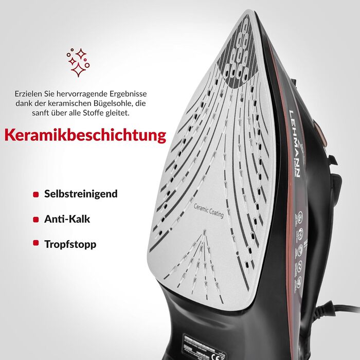 Паровий прас LEHMANN 3000 Вт з керамічною підошвою, потужний паровий удар 140 г, вертикальне прасування, автовимкнення, антикальцинатор, чорний/розе-золото