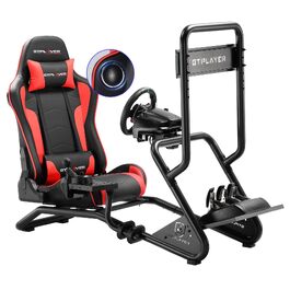 Ігровий симулятор GTPLAYER Cockpit для керма з 3D-стереодинаміками, тримачем для монітора, педалей та важеля КПП, регульований (Червоний)
