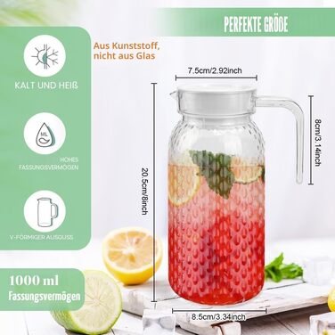 Набір акрилових глечків для води та напоїв ADERTOS, 1 л, 2 шт, прозорі пластикові карагани з кришкою та ручкою (візерунок Hammer)