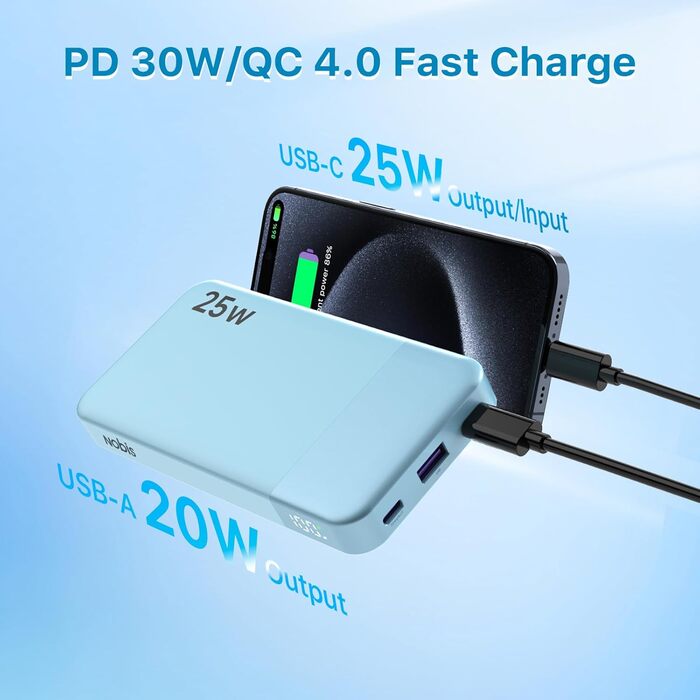 Power Bank NOBIS 10000mAh з цифровим дисплеєм, USB-C, швидка зарядка PD/QC, 25W, блакитний