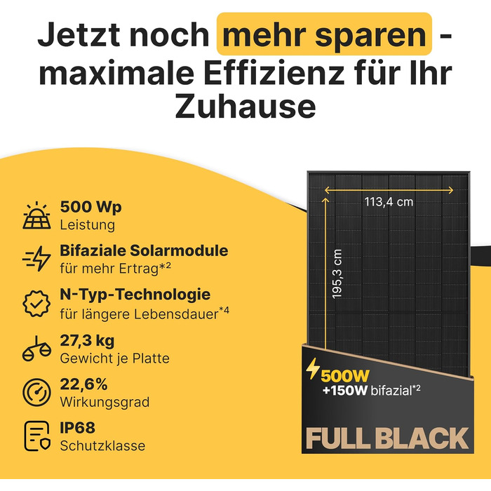 Сонячна панель Solakon 500W Bifacial Glass-Glass N-Type, двосторонній фотоелектричний модуль Full Black для балкона та сонячних електростанцій (комплект 2 шт)