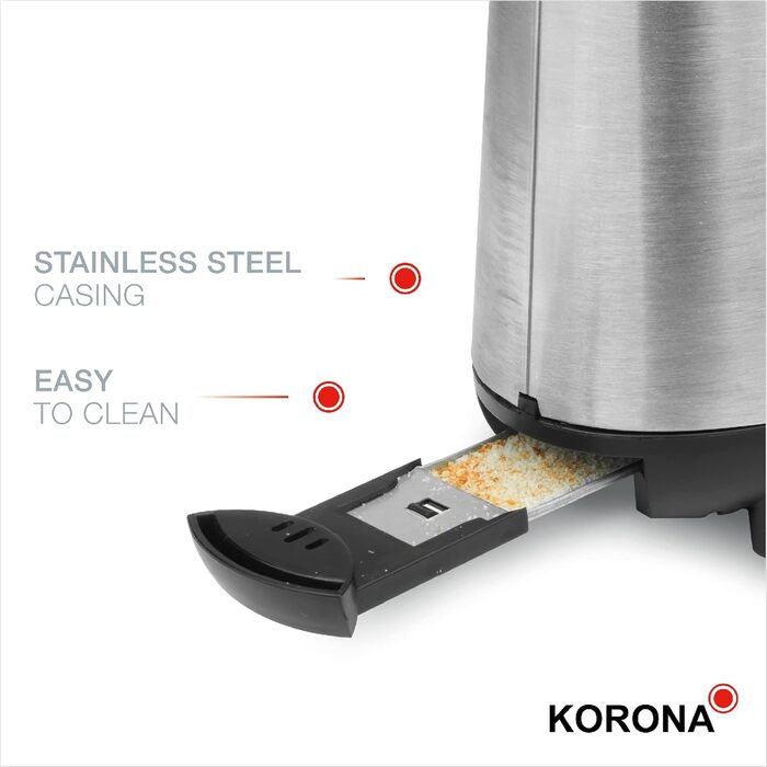 Тостер Korona 21304 на 1 тост, нержавійка, 550 Вт, підставка для булочок, регулювання температури, знімний піддон для крихт