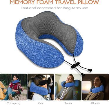 Подушка під шию для подорожей з ефектом пам'яті (Memory Foam) з 3D-маскою для сну та берушами, синя — ідеальна для літака, авто та офісу