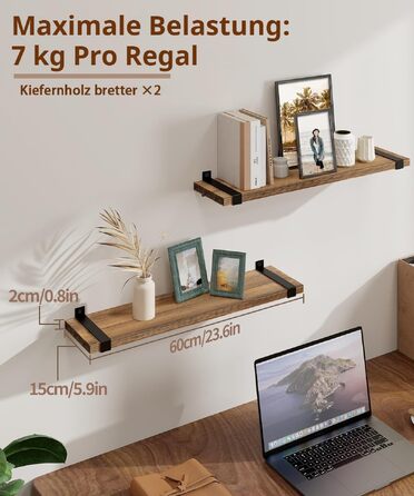 Полиця настінна Gronda Holz 3 шт. коричнева 60x15x2 см – без свердління для кухні, ванної, вітальні, книжок, в стилі вінтаж