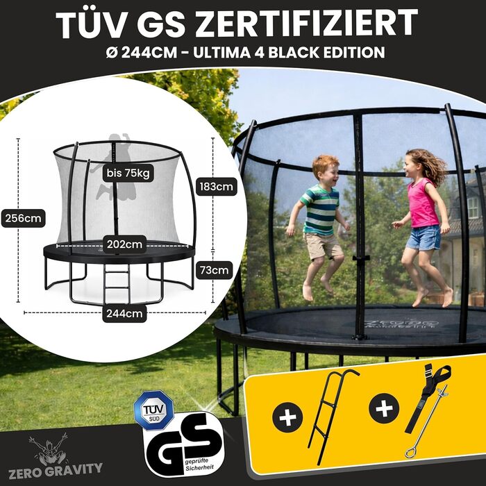 Батут садовий Zero Gravity Ultima 4 Ø244 см з захисною сіткою та драбиною, TÜV GS, чорний