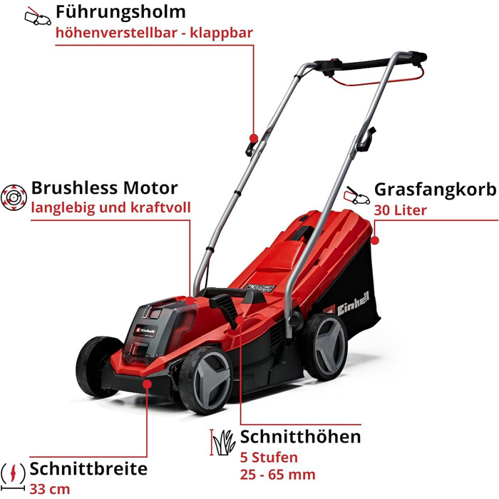 Акумуляторний газонокосарка Einhell GE-CM 18/33 Li Kit Power X-Change (18 В, 33 см, безщітковий двигун, 30 л, 25-65 мм)
