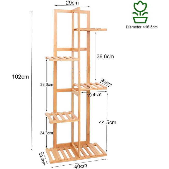 Стійка для квітів Medla з бамбука, 6 полиць, для дому та саду, 40x20x102 см, для кімнати, балкона, саду, всередину і на вулицю