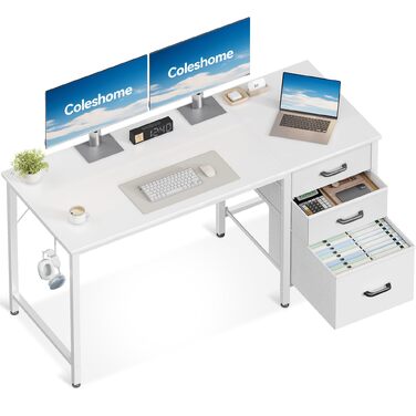 Письмовий стіл Coleshome 120x48 см з 3 тканинними шухлядами, тримачем для навушників, білий. Комп'ютерний стіл для дому/офісу