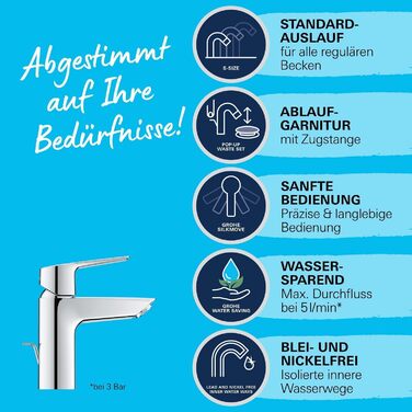 Змішувач для ванної кімнати Grohe Start, водозберігаючий, хром, з витяжною пробкою, 17 см, з інструментом 3в1, для встановлення на умивальник
