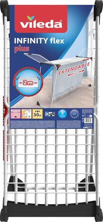 Сушарка для білизни Vileda Infinity Flex Plus, розсувна до 2 м, 30 м трос, високі крила XXL, тримачі для дрібних речей, еко-упаковка, біло-чорно-червона
