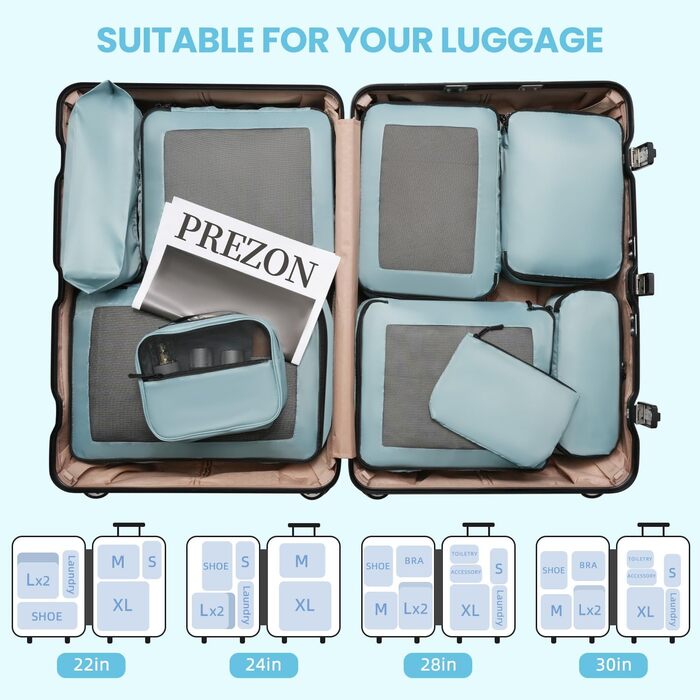 Набір органайзерів для одягу в дорогу Packing Cubes для валізи, 10 шт, блакитно-зелений