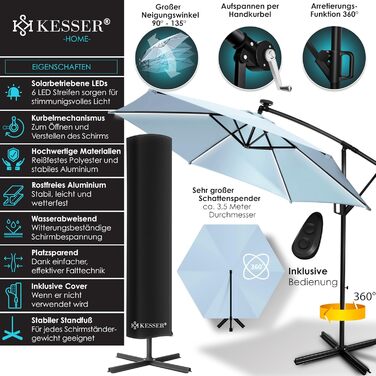Сонячна LED парасолька KESSER з алюмінію, 350 см, з дистанційним керуванням, підставкою, водовідштовхувальна, UV-захист, світло-блакитна