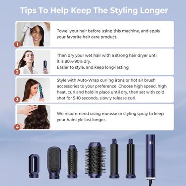 UKLISS 6-в-1 Hairstyler: Фен-щітка для волосся з насадкоми, автоматична плойка, професійний фен-розкручувач для об'єму та укладки (Синій)