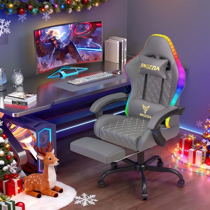 Ігровий крісло Bigzzia з RGB LED підсвічуванням - ергономічне геймерське крісло з підтримкою попереку та підніжкою, регульоване та поворотне, з PU-шкіри, 150 кг, сірий