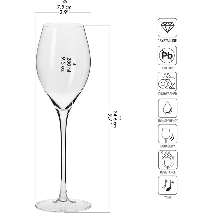 Кроснo Champagnergläser Prosecco-Gläser: Набір з 6 келихів для шампанського та просекко, 280 мл, колекція Harmony | Ідеально для дому, ресторанів та свят | Можна мити в посудомийній машині