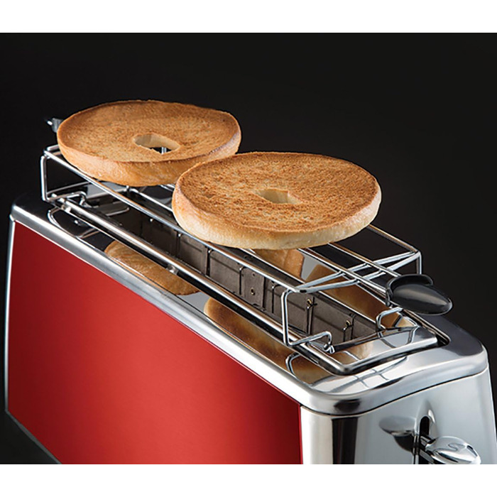 Тостер Russell Hobbs Luna Edelstahl Red для 2 скибок хліба з широким прорізом, з підставкою для булочок, 6 режимів підсмажування, розморожування та підігрів - 23250-56