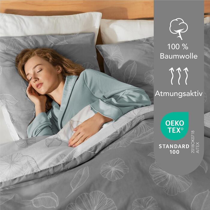 Комплект постільної білизни Dreamzie з бавовни, 4 предмети (2 підковдри 135x200 см, 2 наволочки 80x80 см), сірий з принтом Гінкго, Oeko-Tex, на блискавці