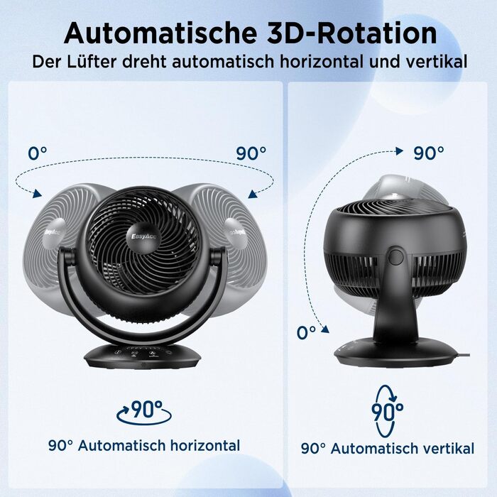 Вентилятор настільний EasyAcc тихий 25дБ з автоколиванням 90°, 3D-турбо, пульт, 3 швидкості, таймер 2-12 год, чорний