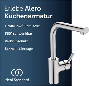 Змішувач кухонний Ideal Standard Alero з висувним душем, поворотний 360°, економія води 12 л/хв, хром (L-винос)