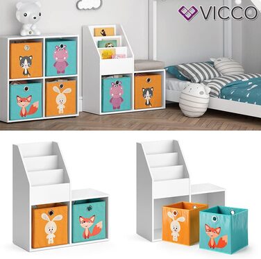 Дитяча книжкова полиця Vicco Luigi, біла, 72x79 см, з 2 складними коробами, малюнок Лисиця/Заєць