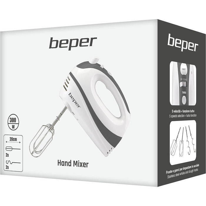BEPER P102SBA100 електричний міксер для яєць, крему та тіста, 300 Вт, 2 насадки, біло-сірий