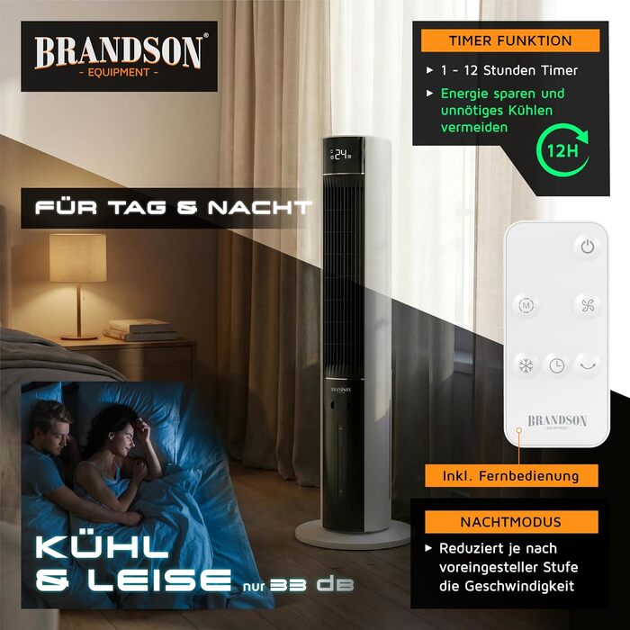 Вентилятор вежний Brandson з функцією охолодження водою ECO Design, тихий, DC мотор, з пультом, енергоефективний, з коливанням