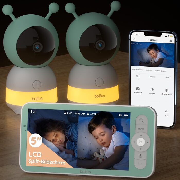 BOIFUN Додаткова камера для немовлят 6T 2K WiFi: відеоняня з нічником, датчиком руху/плачу/звуку, AI-відстеженням, датчиком температури та вологості, записом відео