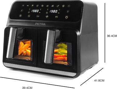 Подвійна аерофритюрниця Petra PT5196GWVDE 7,6 л, 1700 Вт, без масла, з двома антипригарними кошиками, оглядовими вікнами та 10 програмами приготування