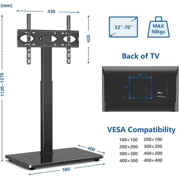 Підлогова стійка для телевізора RFIVER 32-70 дюймів, регульована по висоті, поворотна, макс. VESA 400x400 мм, до 50 кг, чорна