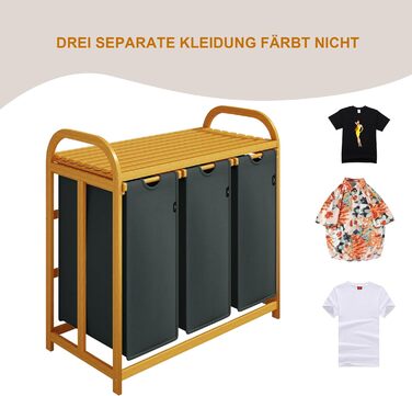 Кошик для білизни AdelDream з бамбуковою рамою 150 л, 3 секції, сірий, сортувальник білизни, дизайн із дугою