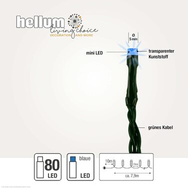 Вулична гірлянда hellum 80 LED, 7,9 м, синя, з таймером, електрична, зелений кабель, яскравість до 59 люменів