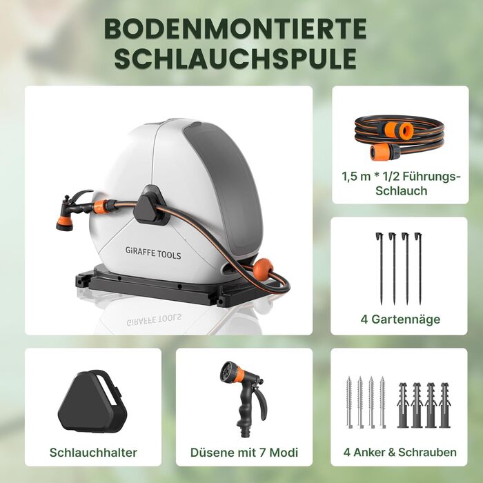 Висувна катушка для шланга Giraffe Tools 25 м, міцна, для кріплення на підлозі, з 7-функціональною насадкою та поворотним підставою 360°