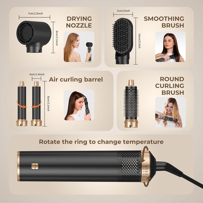 UKLISS Hairstyler 6 в 1: Професійний набір для укладки волосся (фен-щітка, плойка, випрямляч) 1000W, срібно-золотий