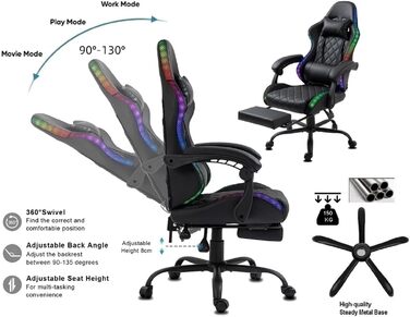 Ігрове крісло Delman Gaming з RGB LED підсвіткою, підставкою для ніг та металевою основою, чорне (02-0055)