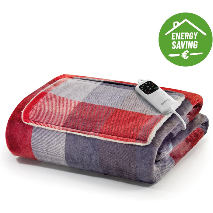 Електрична грілка Imetec Adapto Velvet Tartan з кишенями для рук і ніг, 150x110 см, швидке нагрівання, 6 температур, енергозберігаюча, безпечна, прана