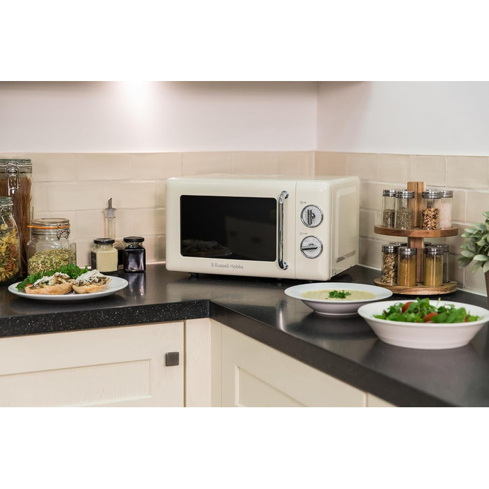 Мікрохвильова піч Russell Hobbs RHRETMM705C, 17 л, 700 Вт, ретро стиль, кремова, 5 режимів потужності, таймер, функція розморожування, легке очищення