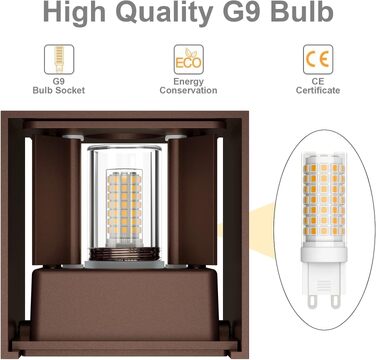 Набір з 2 зовнішніх настінних світильників Klighten з LED лампами G9 (3000K, теплий білий), регульований кут освітлення, алюмінієва LED-бра для дому та саду, бронза