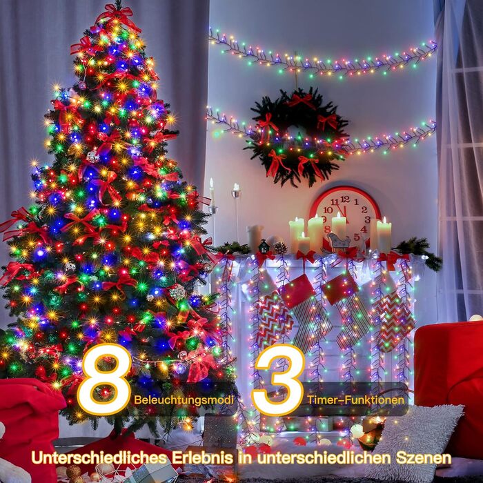 Світлодіодна гірлянда Ollny Cluster 1000 LED, 15м, багатоколірна (Bunt) — водонепроникна IP44 для вулиці, ялинки та декору, 8 режимів роботи та таймер